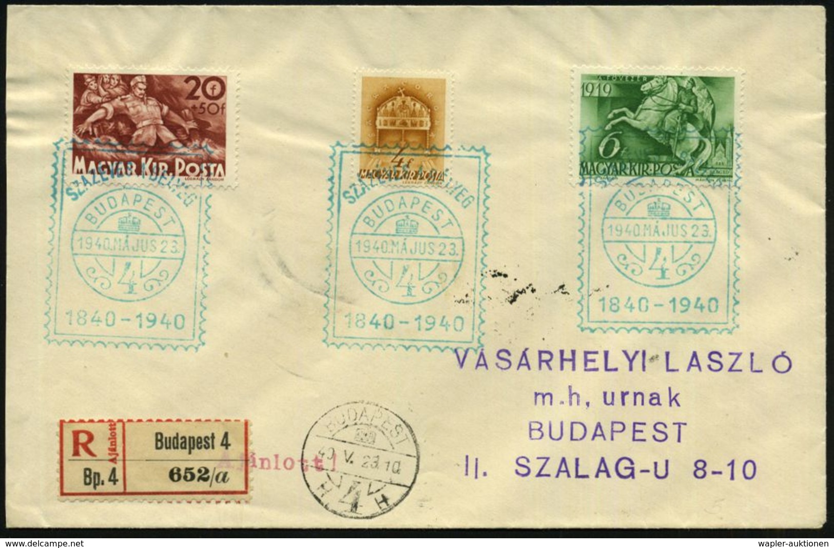 UNGARN 1940 (23.5.) Grüner SSt.: BUDAPEST/4/SZAZEVES A BELYEG/1840 - 1940 = 100 Jahre Britische Briefmarke (Markenimitat - Filatelistische Tentoonstellingen