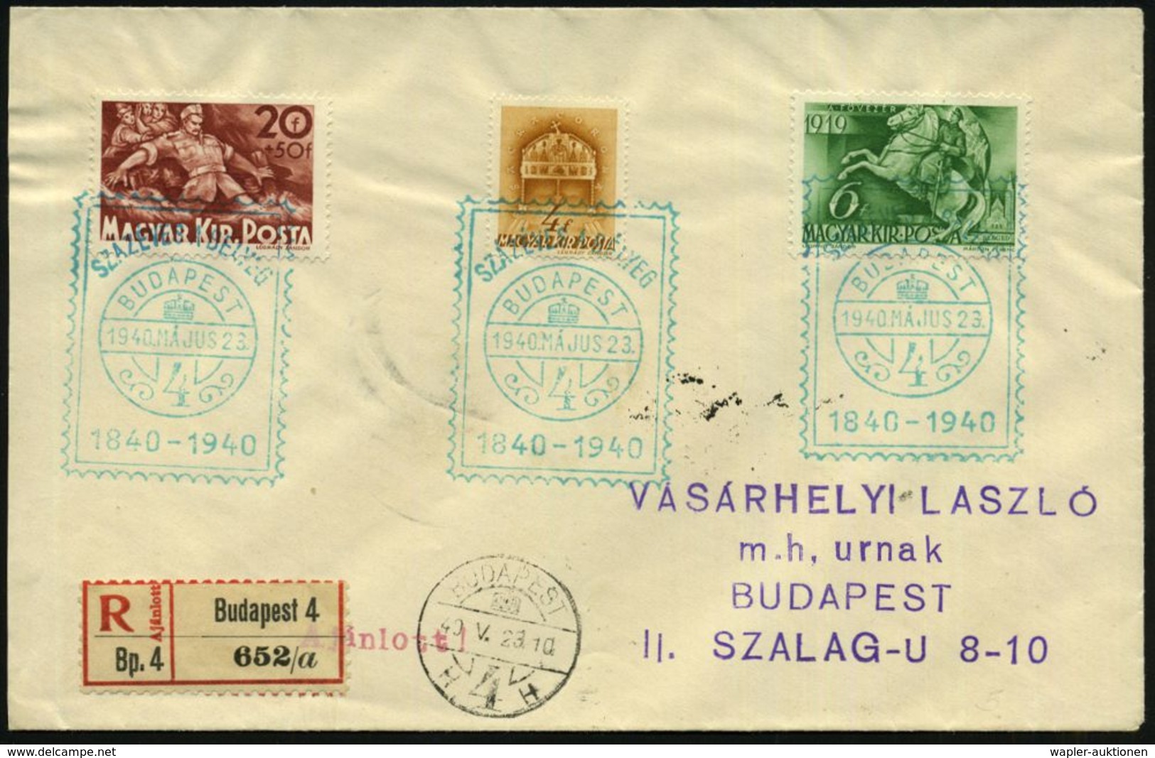 UNGARN 1940 (23.5.) Grüner SSt.: BUDAPEST/4/SZAZEVES A BELYEG/1840 - 1940 = 100 Jahre Britische Briefmarke (Markenimitat - Esposizioni Filateliche