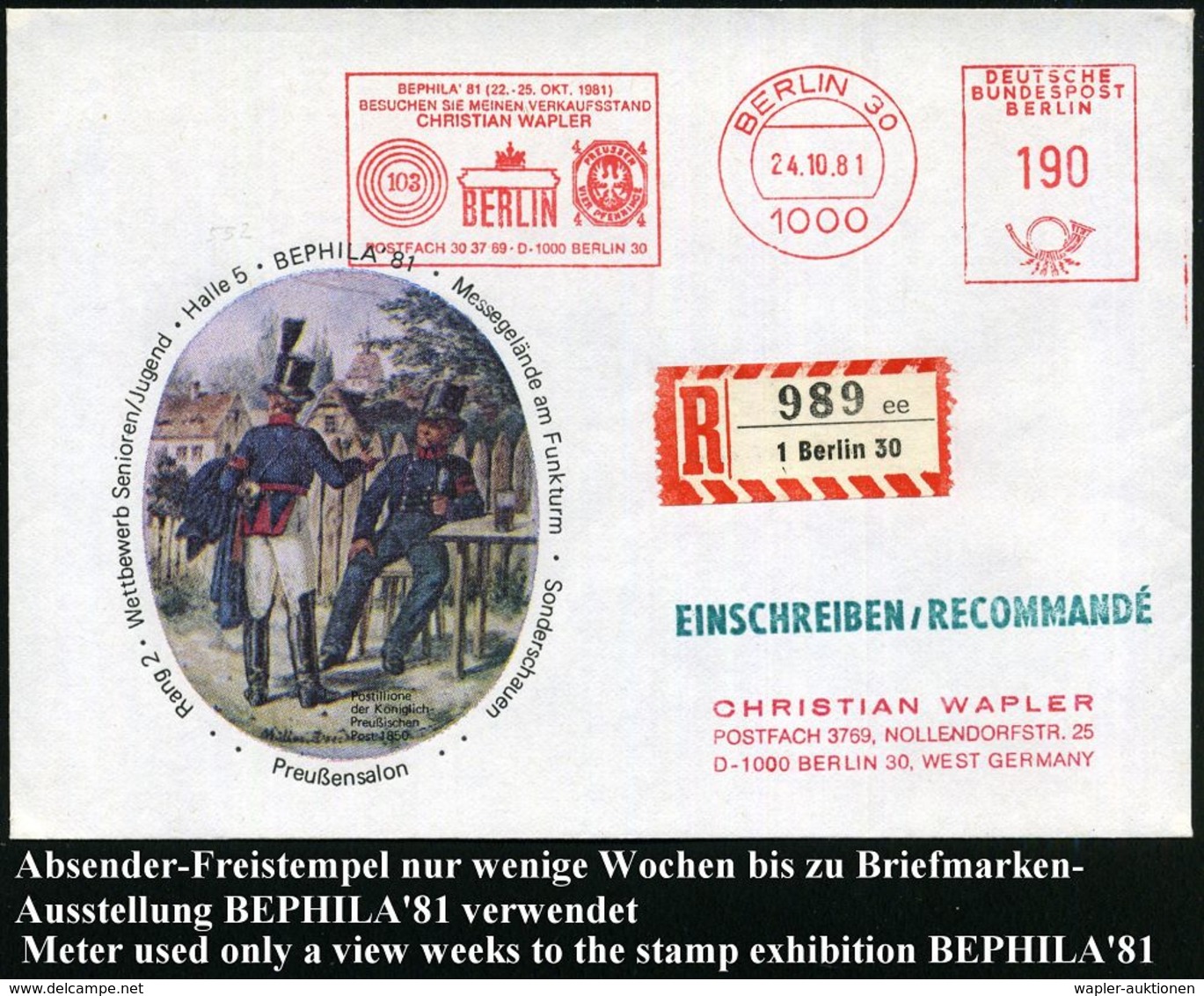 1000 BERLIN 30/ BEPHILA'81.. 1981 (24.10.) AFS 190 Pf. = Preuß. Ringestempel "103", 4 Pf. Alt-Preußen (u. Branden-burger - Postzegels Op Postzegels