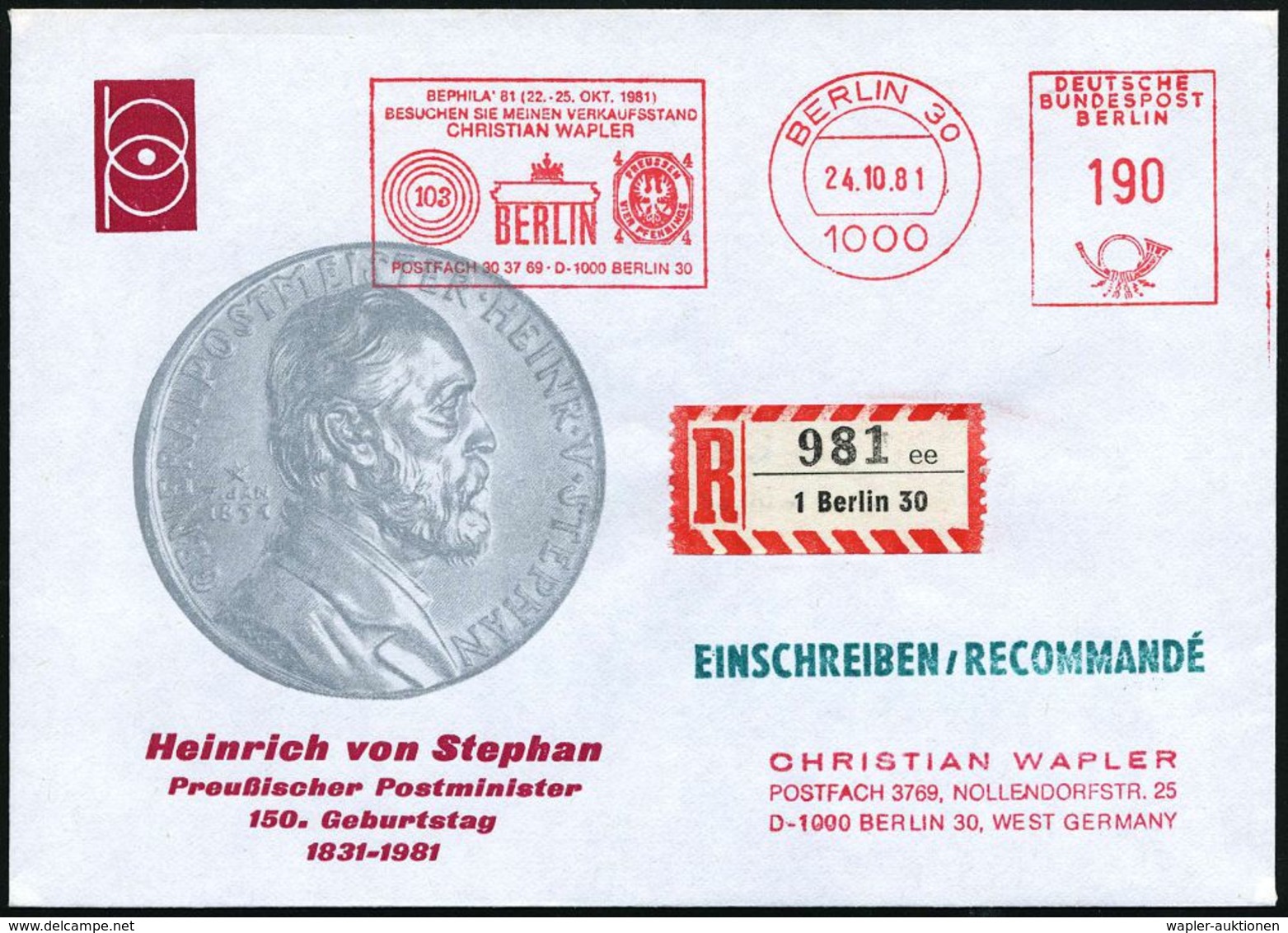 1000 BERLIN 30/ BEPHILA'81.. 1981 (24.10.) AFS 190 Pf. = Preuß. Ringstempel "103", Preußen 4 Pf. (u. Branden-burger Tor) - Briefmarken Auf Briefmarken