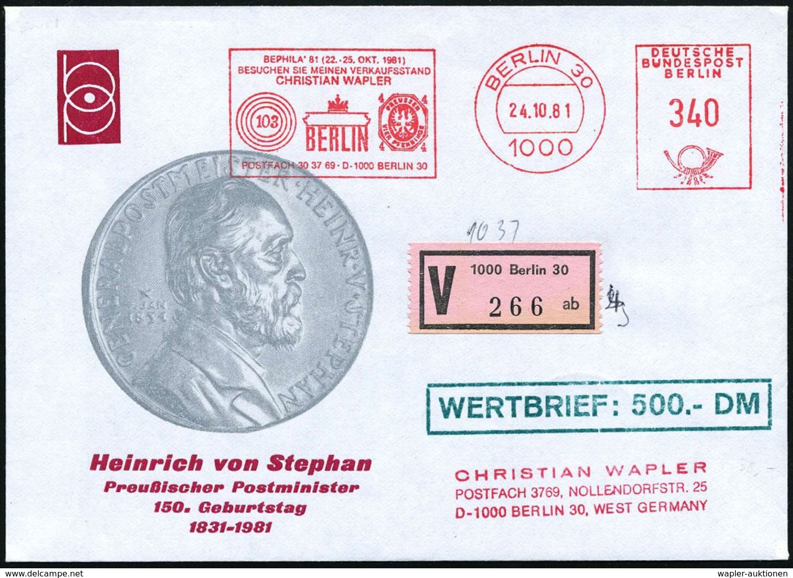 1000 BERLIN 30/ BEPHILA'81.. 1981 (24.10.) AFS 340 Pf. = Preuß. Ringstempel "103", 4 Pf. Alt-Preußen (u. Btandenburger T - Postzegels Op Postzegels