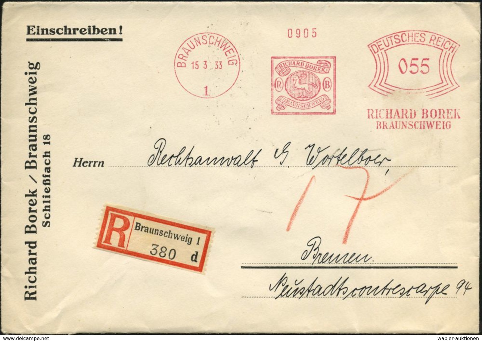 BRAUNSCHWEIG/ 1/ RICHARD BOREK 1933 (15.3.) AFS 055 Pf. = Alt-Braunschweig-Marke (mit Pferd) + Selbstbucher-RZ: Braunsch - Postzegels Op Postzegels