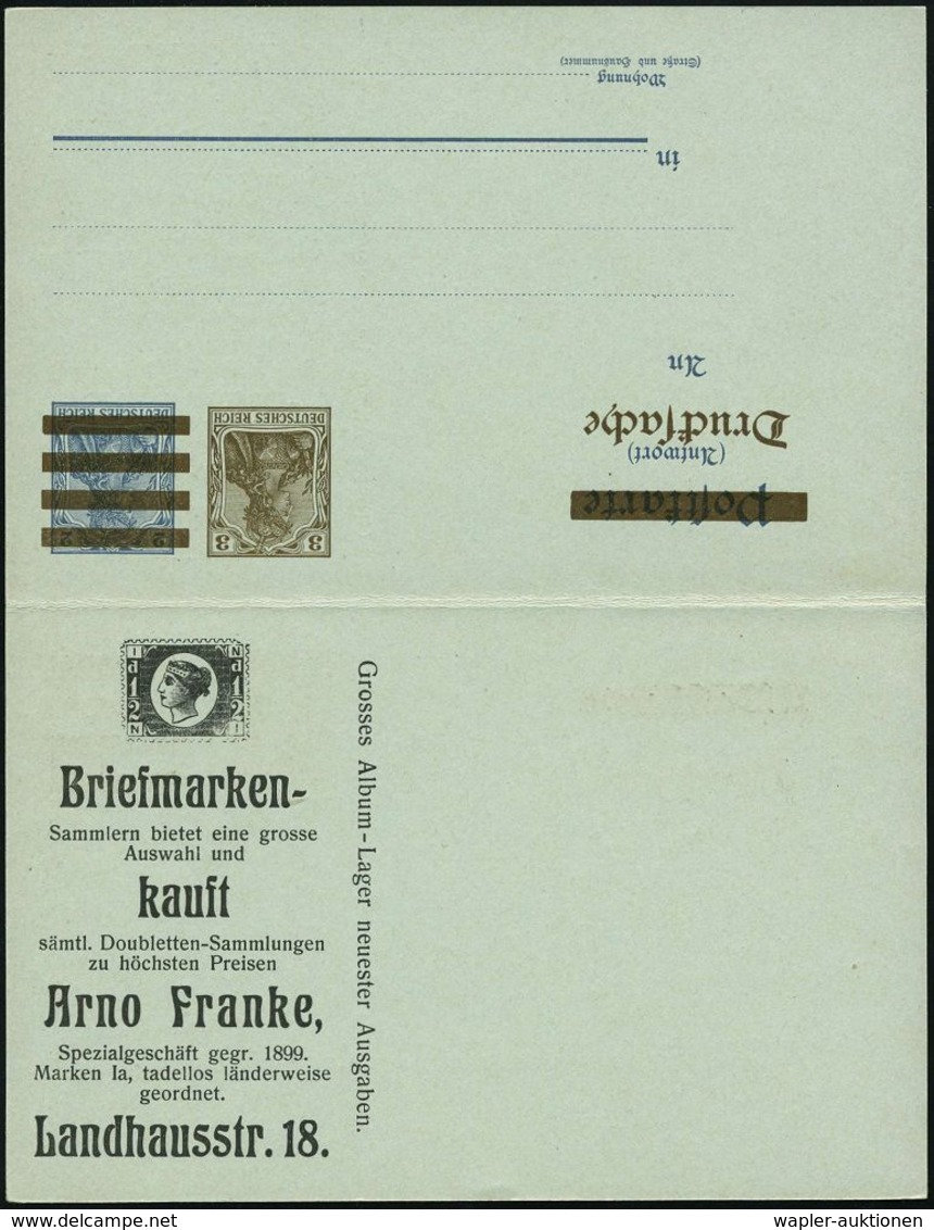 Dresden 1907 Amtl. Orts-P 3 Pf./2 Pf. Germania + 3 Pf./2 Pf. Antwort, Je Reklame-Zudruck: Arno Franke = Großbritannien-M - Francobolli Su Francobolli