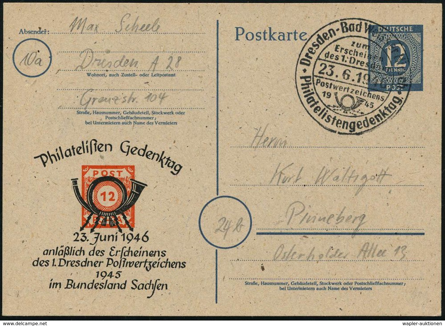 Dresden-Bad Weisser Hirsch/ ..Philatelistengedenktag 1946 (23.6.) SSt Auf Amtl. P 12 Pf. Ziffer, Grau + Zudruck: ..1. Dr - Briefmarken Auf Briefmarken