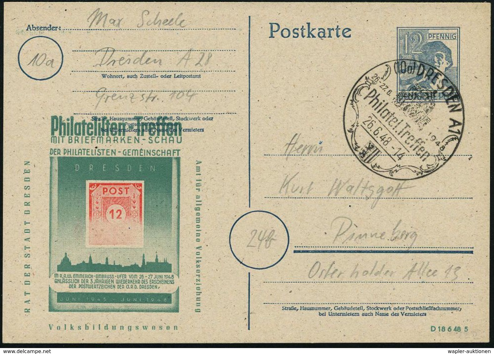 (10a) DRESDEN A1/ Philatel.Treffen 1948 (26.6.) SSt (Zwinger) Auf Amtl. P 12 Pf. Arbeiter + Zudruck: Philatelisten-Treff - Briefmarken Auf Briefmarken