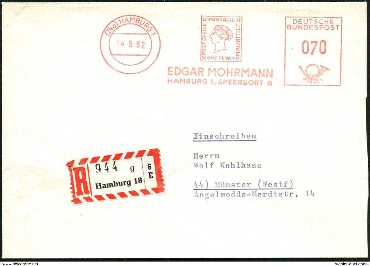 (24a) HAMBURG 1/ EDGAR MOHRMANN 1962 (1$.5.) AFS 070 Pf. = "Blaue" Mauritius 1 Penny "Post Office" 1 Penny + RZ: Hamburg - Francobolli Su Francobolli