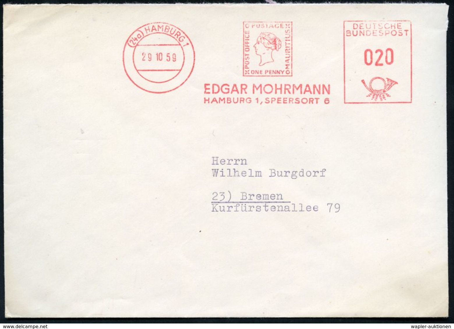 (24 A) #bzw.# 2 HAMBURG 1/ EDGAR MOHRMANN.. 1959/79 2 Verschedene AFS Mit Alter Bzw. Neuer PLZ = Je "Blaue Mauritius" 1  - Timbres Sur Timbres