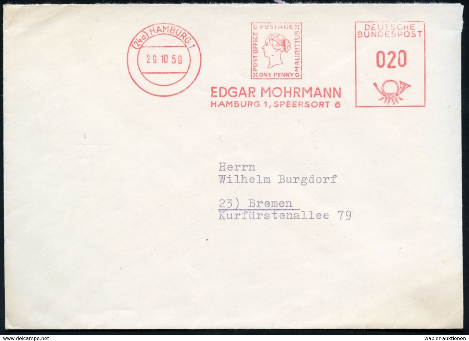 (24 A) #bzw.# 2 HAMBURG 1/ EDGAR MOHRMANN.. 1959/79 2 Verschedene AFS Mit Alter Bzw. Neuer PLZ = Je "Blaue Mauritius" 1  - Francobolli Su Francobolli