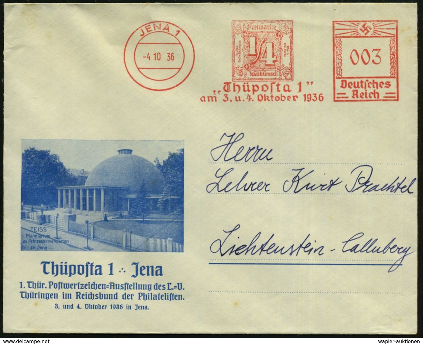 JENA/ "Thüposta 1"/ Am 3.u.4.Okt. 1936 (4.10.) Dekorat. AFS = Thurn & Taxis 1/4 Sgr. Auf Passendem SU.: Thüposta 1 (Zeis - Postzegels Op Postzegels