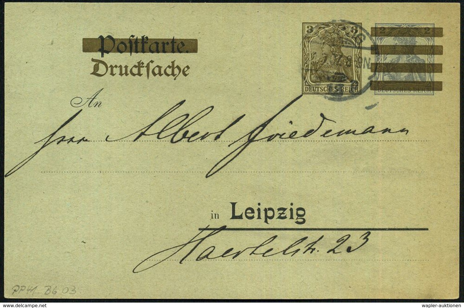 LEIPZIG 1907 PP 3 Pf./2 Pf. Germania: Internat. Philatelisten-Verein, Sektion Leipzig.. = Sahsen Nr.1 "3 Pf." , Rs. Korr - Timbres Sur Timbres