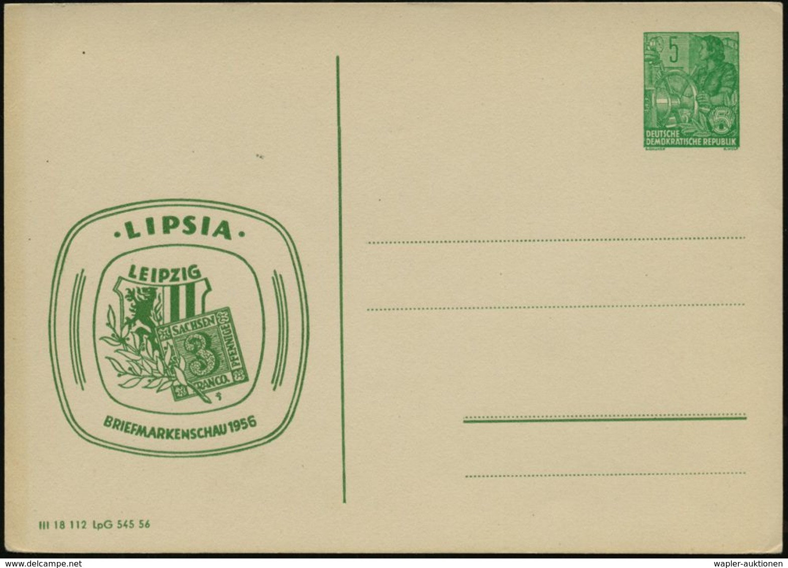 Leipzig 1956 PP 5 Pf. Fünfjahrplan, Grün: LIPSIA/BRIEFMARKENSCHAU = Alt-Sachsen Nr.1 (u. Stadtwappen) Ungebr. (Mi.PP 3/2 - Postzegels Op Postzegels