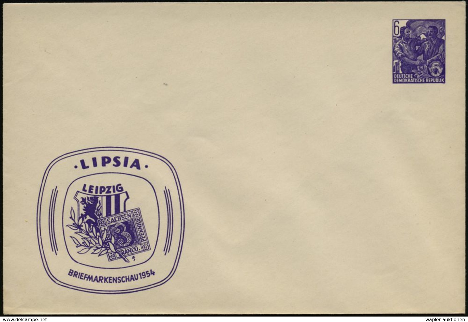 Leipzig 1954 PU 6 Pf. Fünfjahrplan, Viol.: LIPSIA/BRIEFMARKENSCHAU = Alt-Sachsen Nr.1 (u. Stadtwappen) Ungebr. (Mi.PU 11 - Briefmarken Auf Briefmarken