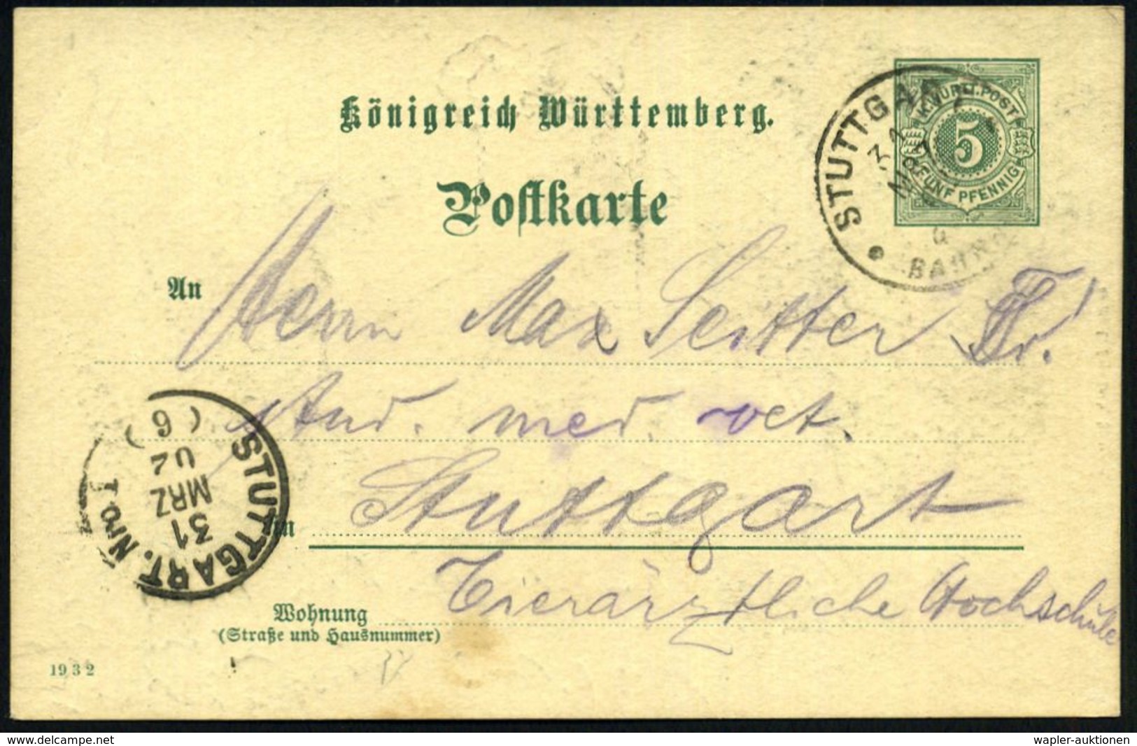 STUTTGART 1/ BAHNHOF 1902 (31.3.) 1K Auf Abschieds-PP 5 Pf. Ziffer, Grün: Abschied Württemberg- U. Bayern-Marken (u. Pfa - Postzegels Op Postzegels