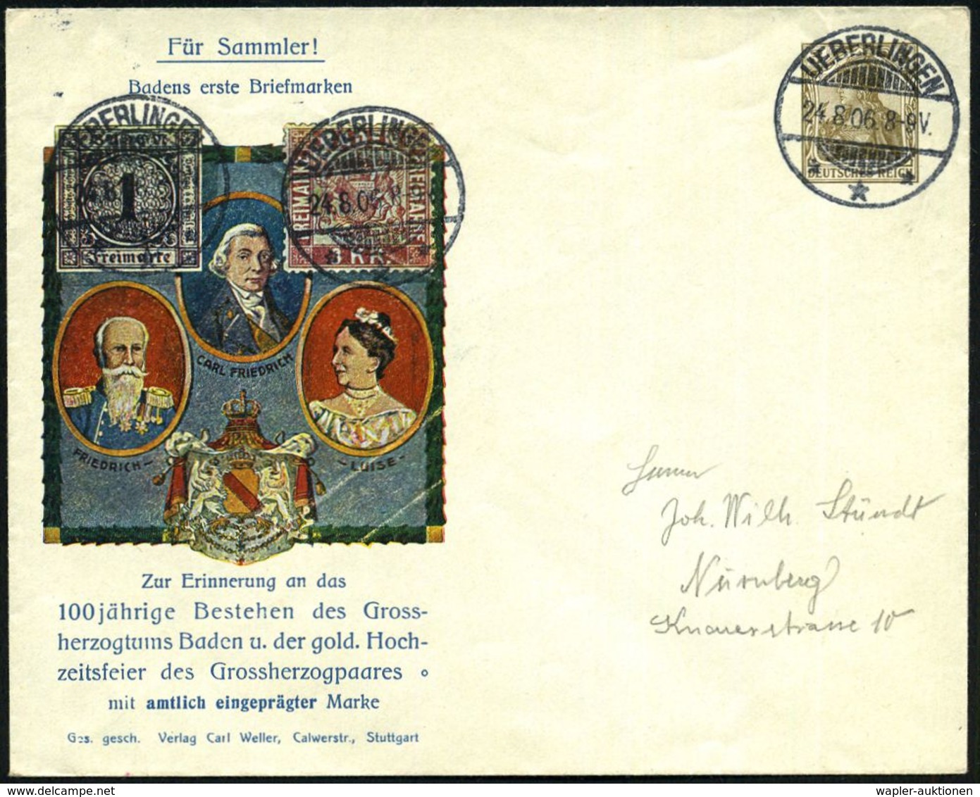 UEBERLINGEN/ *** 1906 (24.8.) 1K-Gitter Auf PU 3 Pf. Germania, Braun: 100 Jahre Großherzogtum Baden U. Goldene Hochzeit  - Postzegels Op Postzegels