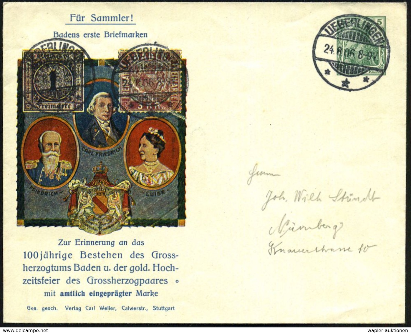 UEBERLINGEN/ *** 1906 (24.8.) 1K-Gitter Auf PU 5 Pf. Germania, Grün: 100 Jahre Großherzogtum Baden U.goldene Hochzeit =  - Briefmarken Auf Briefmarken