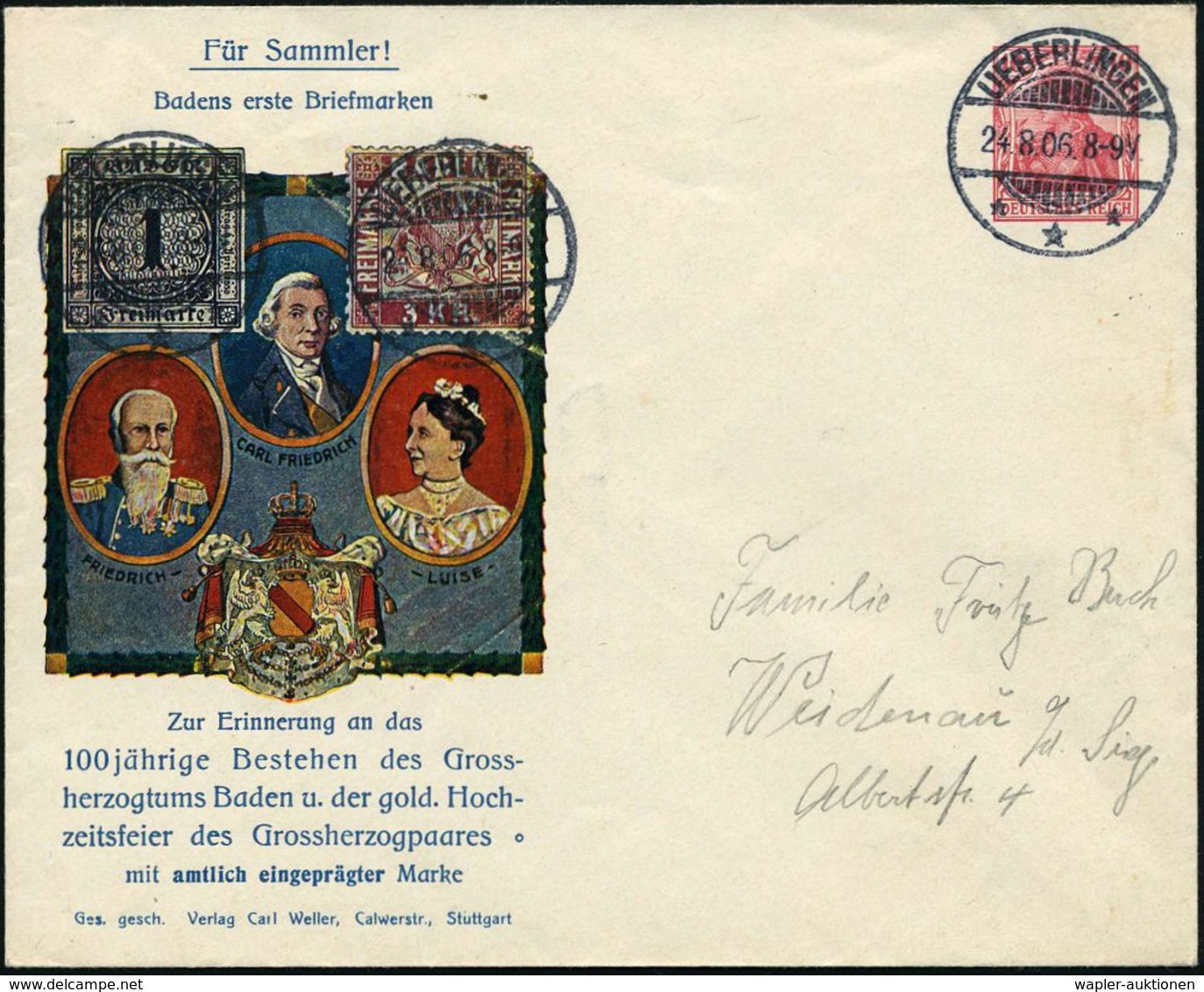 UEBERLINGEN/ *** 1906 (24.8.) 1K-Gitter Auf PU 10 Pf. Germania, Rot: Badens Erste Briefmarken/..100jähr. Bestehen D.Gros - Briefmarken Auf Briefmarken