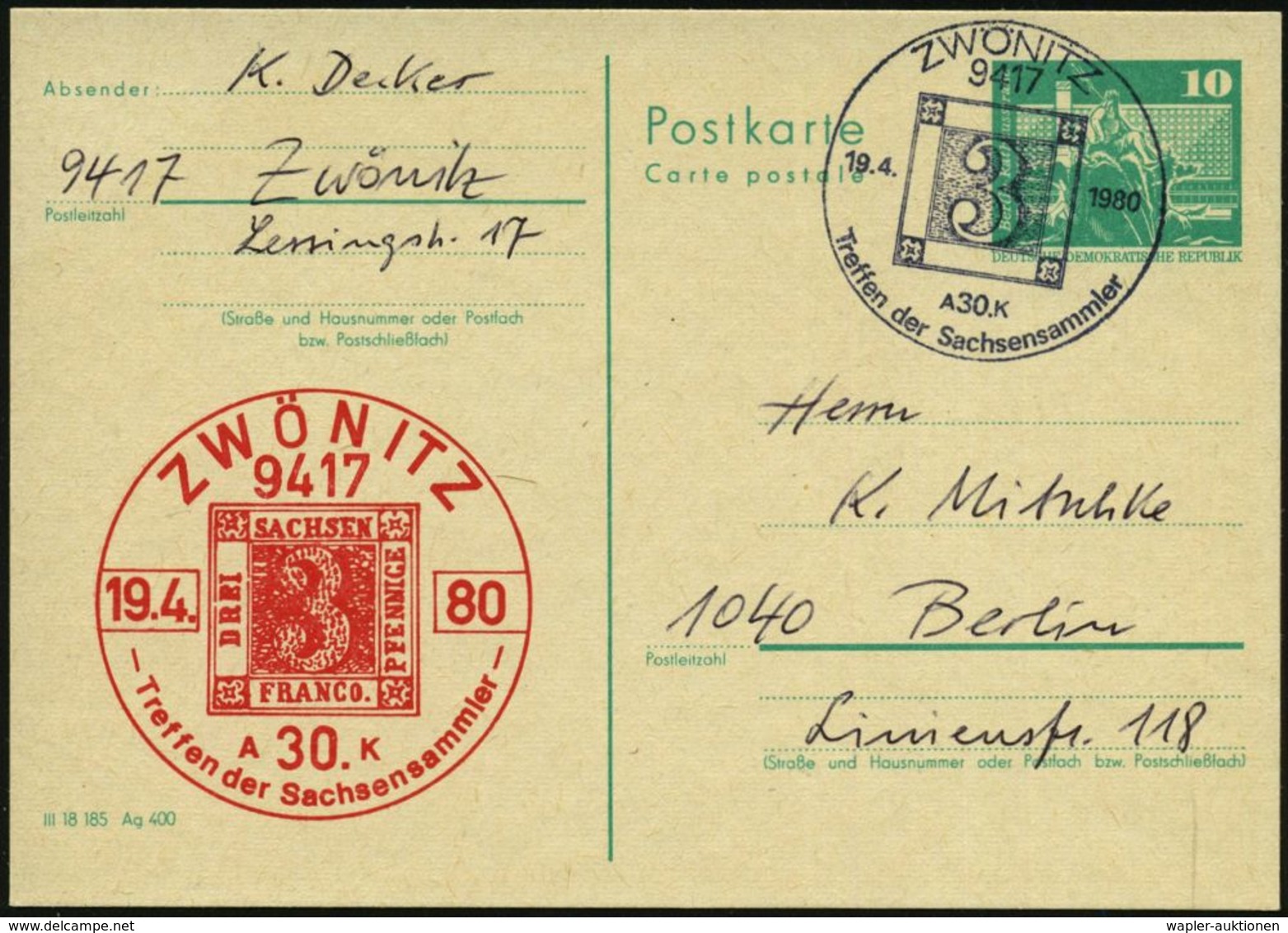 9417 ZWÖNITZ/ Treffen D.Sachsensammler 1980 (19.4.) SSt = Sachsen Nr. 1 Auf Amtl. P 10 Pf. Neptunbrunnen + Motivgl., Amt - Postzegels Op Postzegels