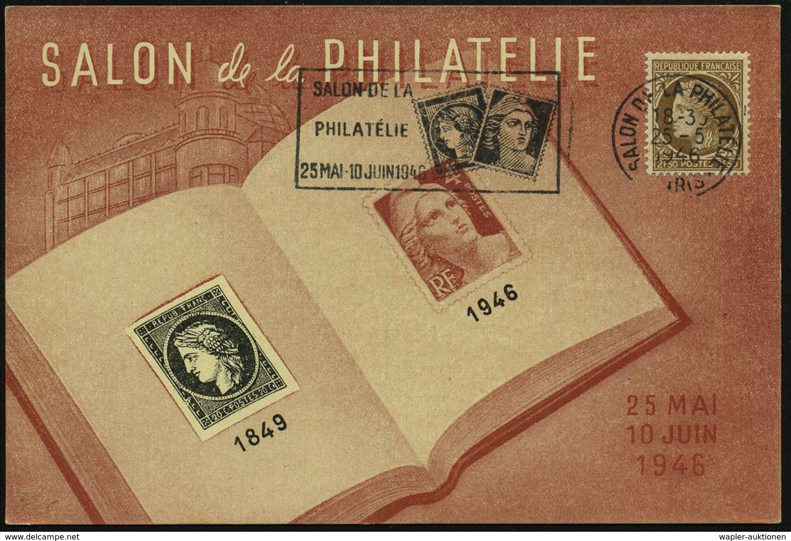 FRANKREICH 1946 (25.5.) MWSt: PARIS/ SALON DE LA PHILATELIE = Ceres- U. Marianne-Marken Auf EF 2,50 F. Ceres, Motivgl. S - Francobolli Su Francobolli