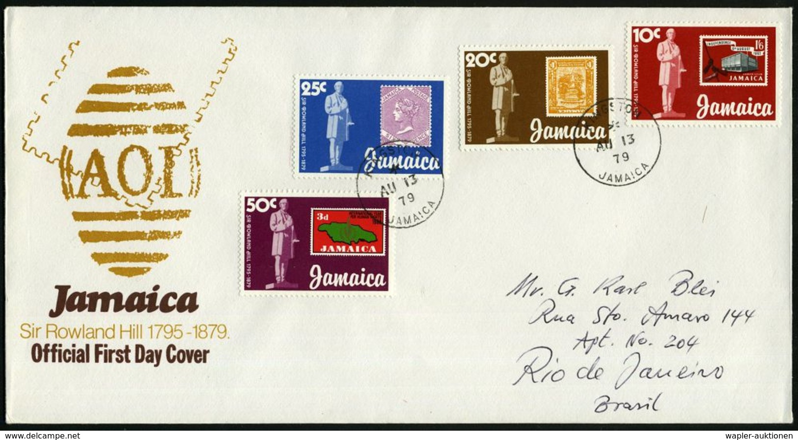 JAMAICA 1979 (13.8.) "100. Geburtstag Rowland Hill", Kompl. Satz = Div. Jamaica-Marken , Klar Gest. Übersee-FDC-SU.  (Mi - Francobolli Su Francobolli