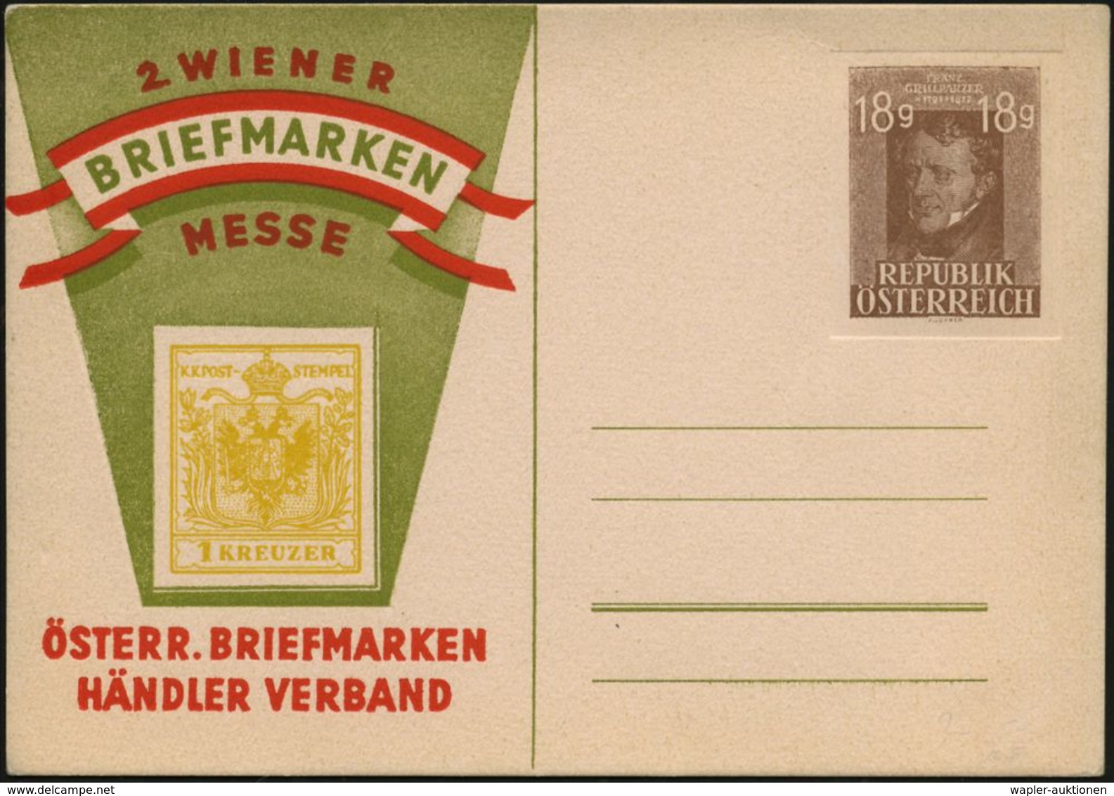 ÖSTERREICH 1947 PP 18 Gr. Grillparzer, Braun: 2. WIENER/BRIEFMARKEN/MESSE = 1 Kreuzer Gelb (1.Ausg. Österreich) Ungebr., - Timbres Sur Timbres