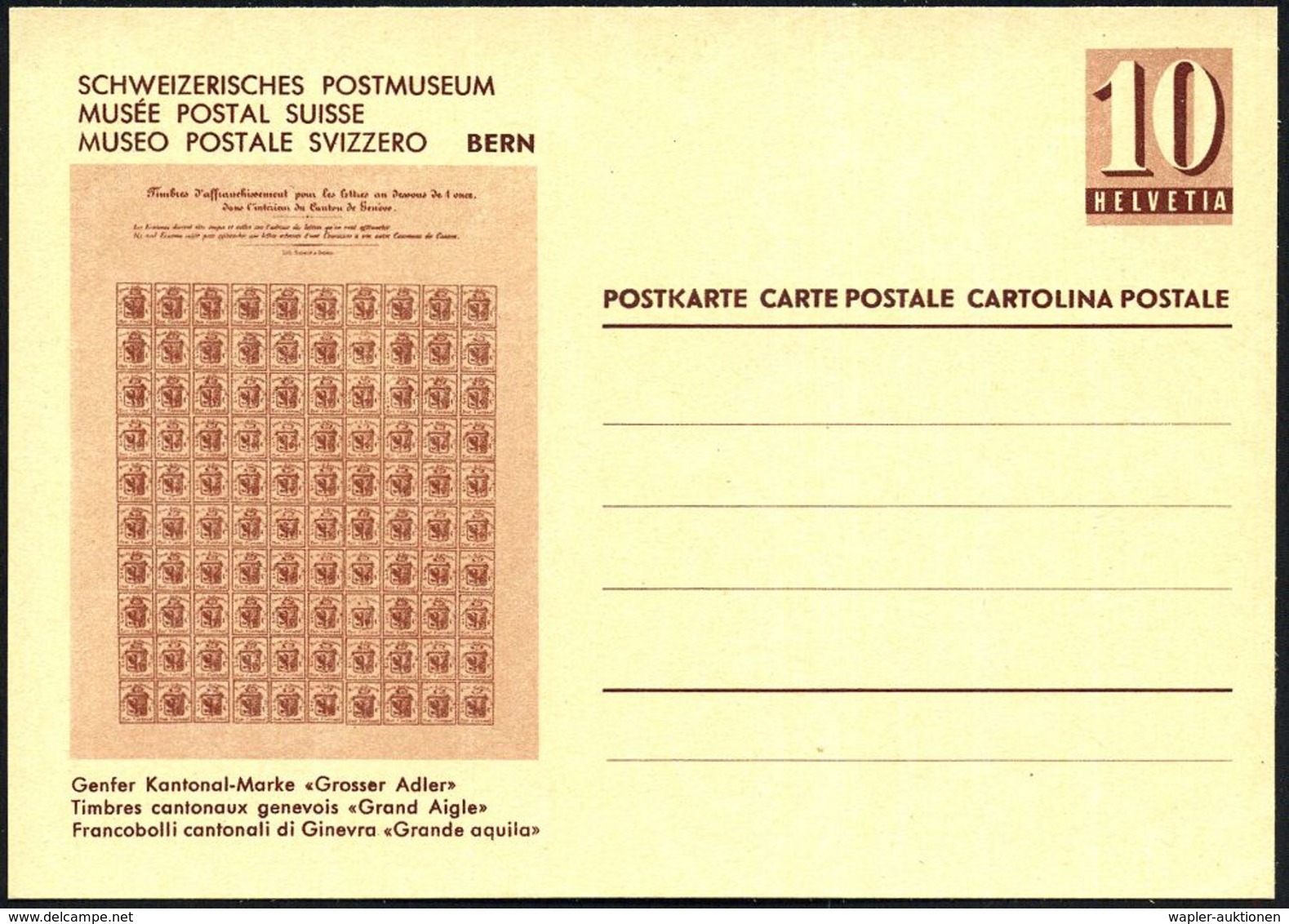 SCHWEIZ 1942 10 C. BiP Ziffer, Rotbraun: POSTMUSEUM BERN/Genfer Kantonalmarke "Gr. Adler" (Bogen) Ungebr. (Mi.P 183) - - Francobolli Su Francobolli