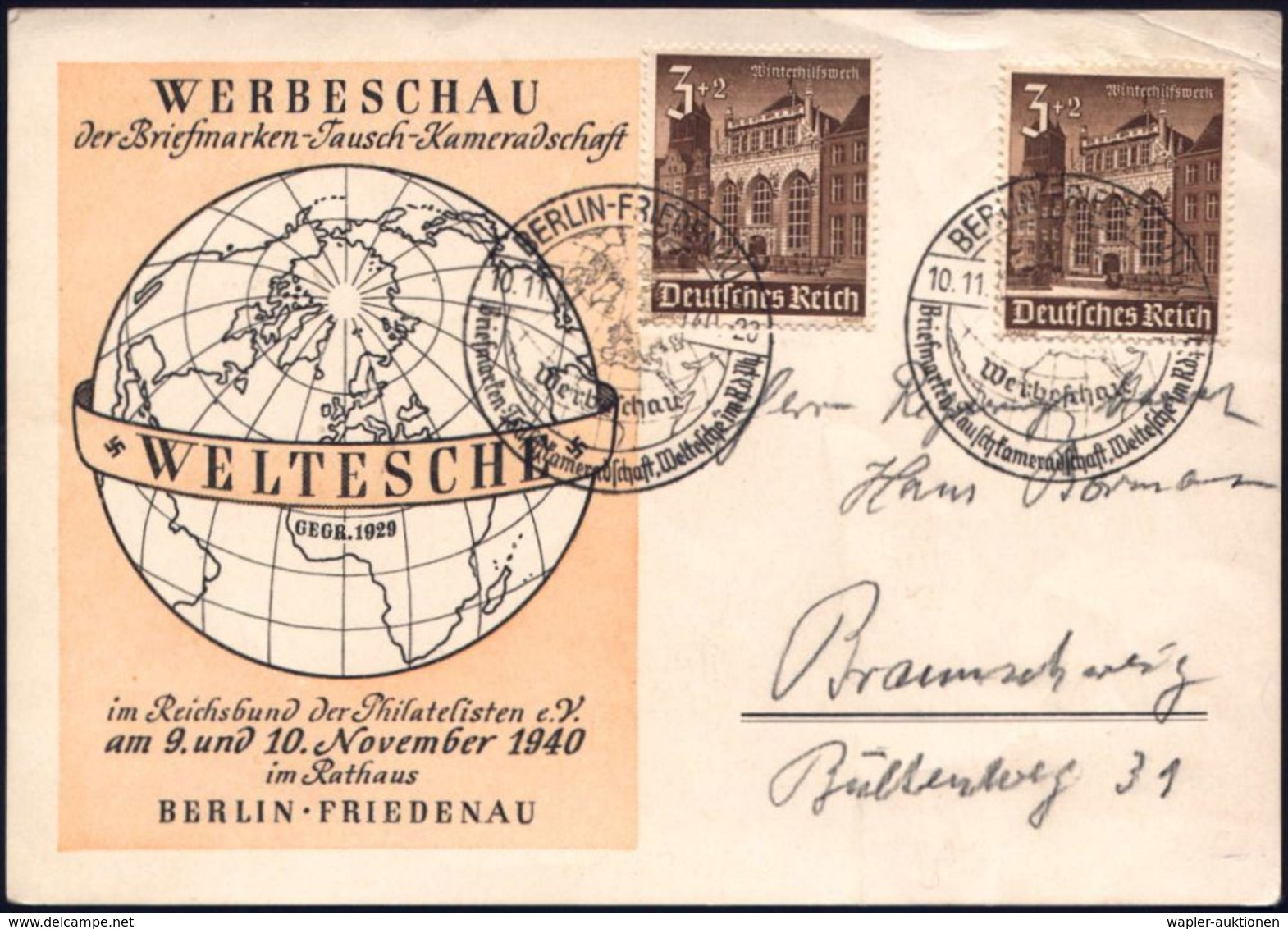 BERLIN-FRIEDENAU 1/ Werbeschau/ .."Weltesche" 1940 (10.11.) SSt = Nördlicher Globus Mit Nordpol 2x Auf WHW-Frankatur (Mi - Arctic Expeditions