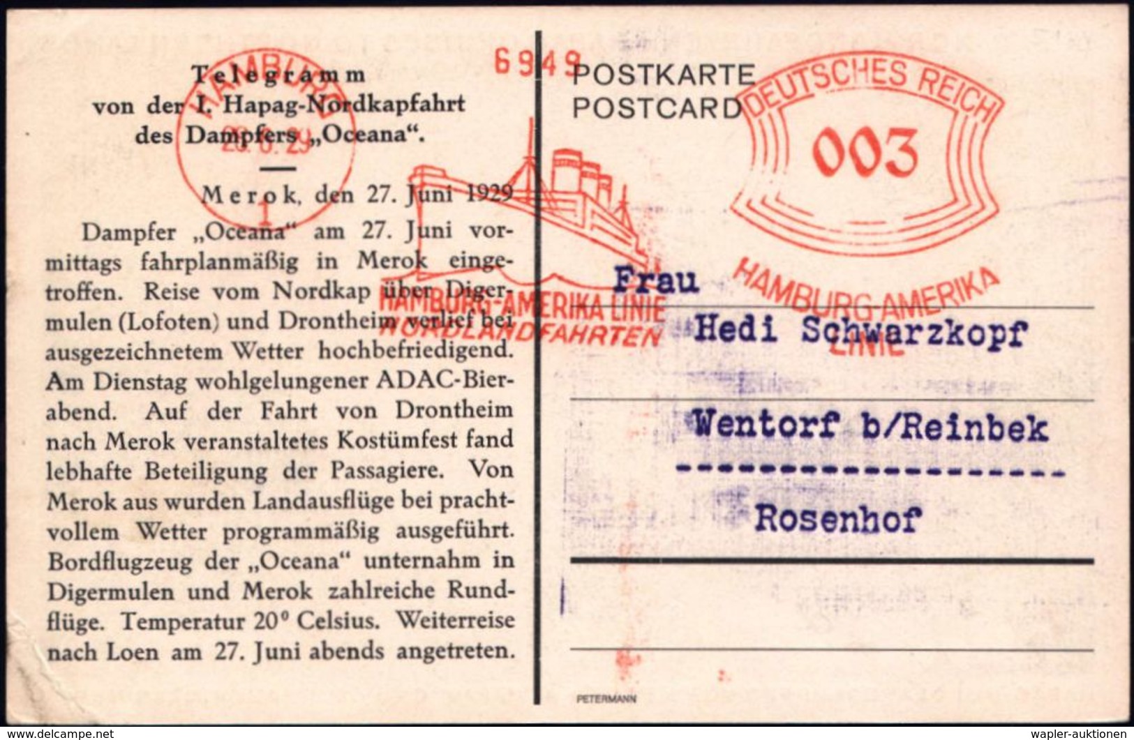 HAMBURG/ 1/ HAMBURG-AMERIKA-LINIE/ NORDLANDFAHRTEN 1929 (28.6.) AFS (Dampfer) Auf Seltener Telegramm-Ak: I. Hapag-Nordka - Spedizioni Artiche