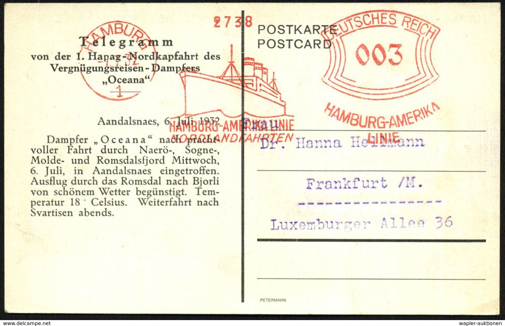 HAMBURG/ 1/ HAMBURG-AMERIKA LINIE/ NORDLANDFAHRTEN/ HAL 1932 (7.7.) AFS 003 Pf. (Kreuzfahrtschiff) Auf Reederei-Telegram - Arktis Expeditionen