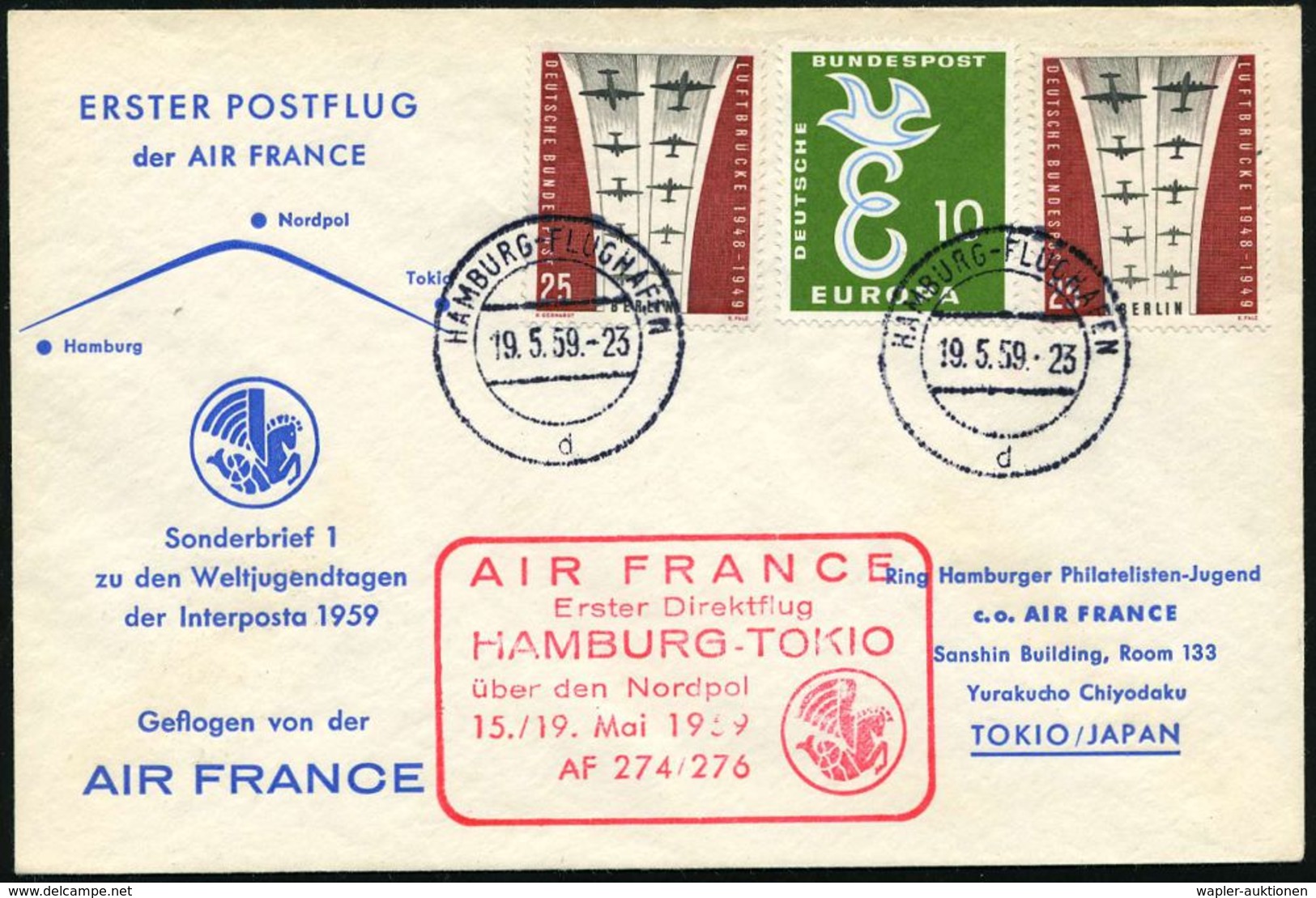 HAMBURG-FLUGHAFEN/ D 1959 (19.5.) 2K-Steg + Roter HdN: AIR FRANCE/Erster Direktflug/HAMBURG - TOKYO/über D.Nordpol (AS)  - Arktis Expeditionen