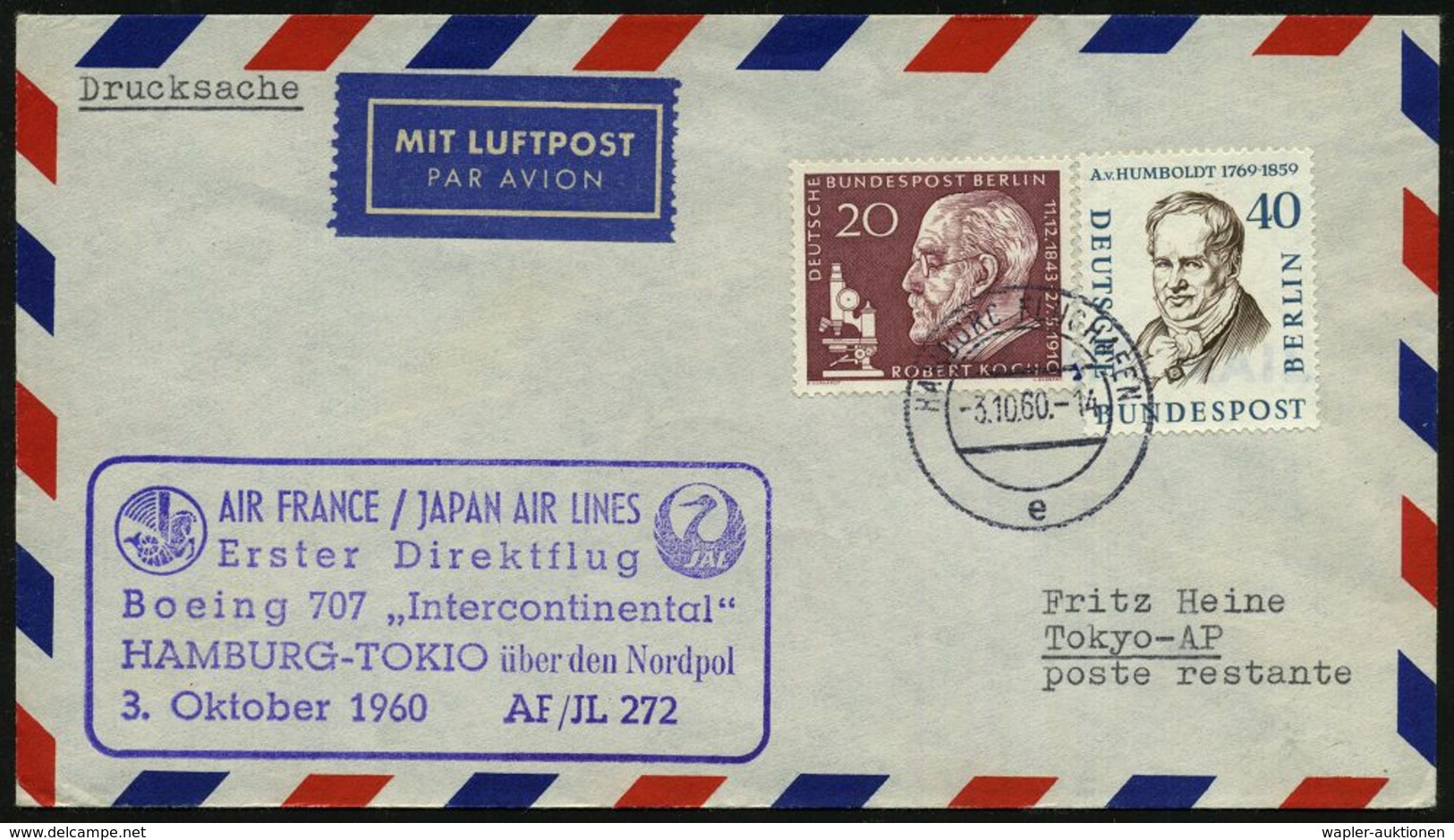 HAMBURG-FLUGHAFEN/ E 1960 (3.10.) 2K-Steg + Viol HdN: AIR FRANCE - JAPAN AIR LINES/ Erster Direktflug/B 707../ HAMBURG - - Arctische Expedities