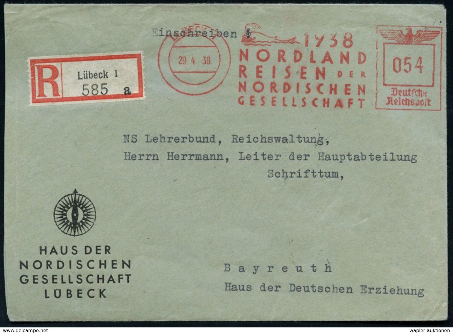 LÜBECK 1/ 1937/ NORDLAND/ REISEN DER/ NORDISCHEN/ GESELLSCHAFT 1938 (29.4.) Sehr Seltener AFS 054 Pf. = Wal (bläst Wasse - Arktis Expeditionen