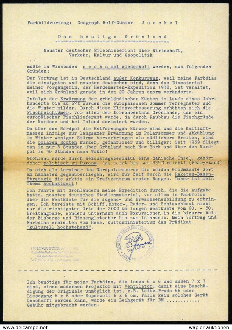 Wiesbaden 1958 Grönland-Expedition Rolf-Günter Jaeckel (Wiesbaden) Infoblatt (DIN A4, Gefaltet): "Das Heutige Grönland"  - Spedizioni Artiche