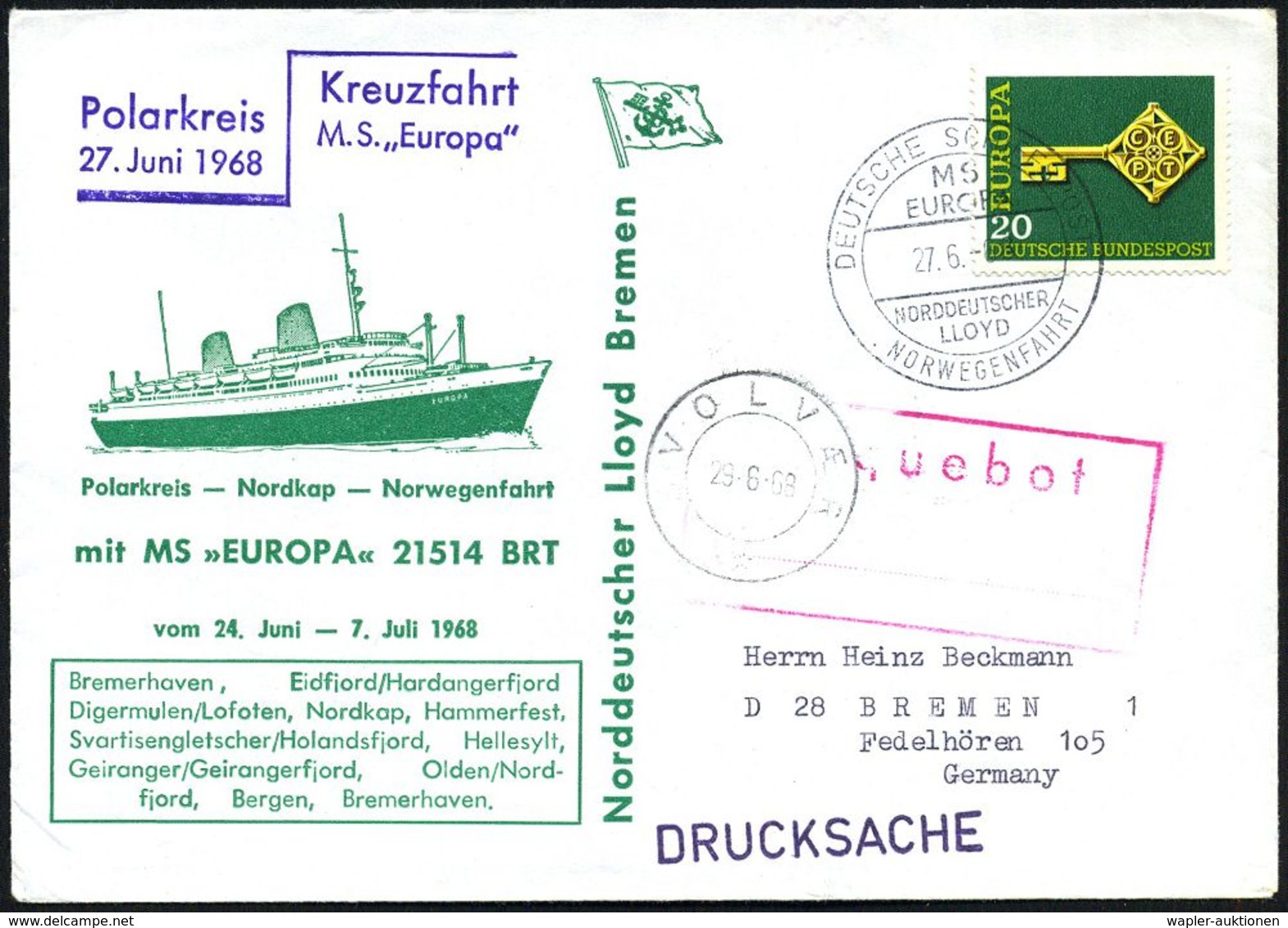 B.R.D. 1968 (27.6.) 2K-BPA: DEUTSCHE SCHIFFSPOST/MS/EUROPA/NDL/NORWEGENFAHRT + Viol. Ra: Paquebot + 2K.: SVOLVAER + HdN: - Expéditions Arctiques