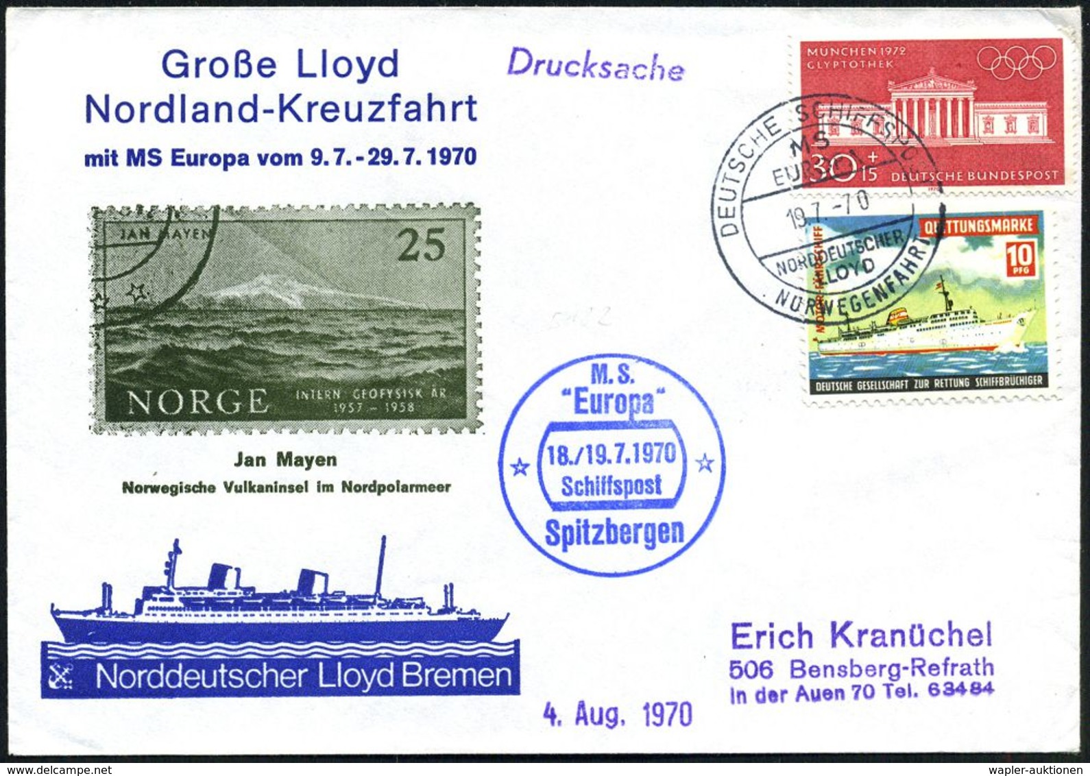 B.R.D. 1970 (19.7.) 2K-BPA: DEUTSCHE SCHIFFSPOST/MS/EUROPA/ND/L/NORWEGENFAHRT + Blauer HdN: M.S./"Europa"/ ..Spitzbergen - Arktis Expeditionen