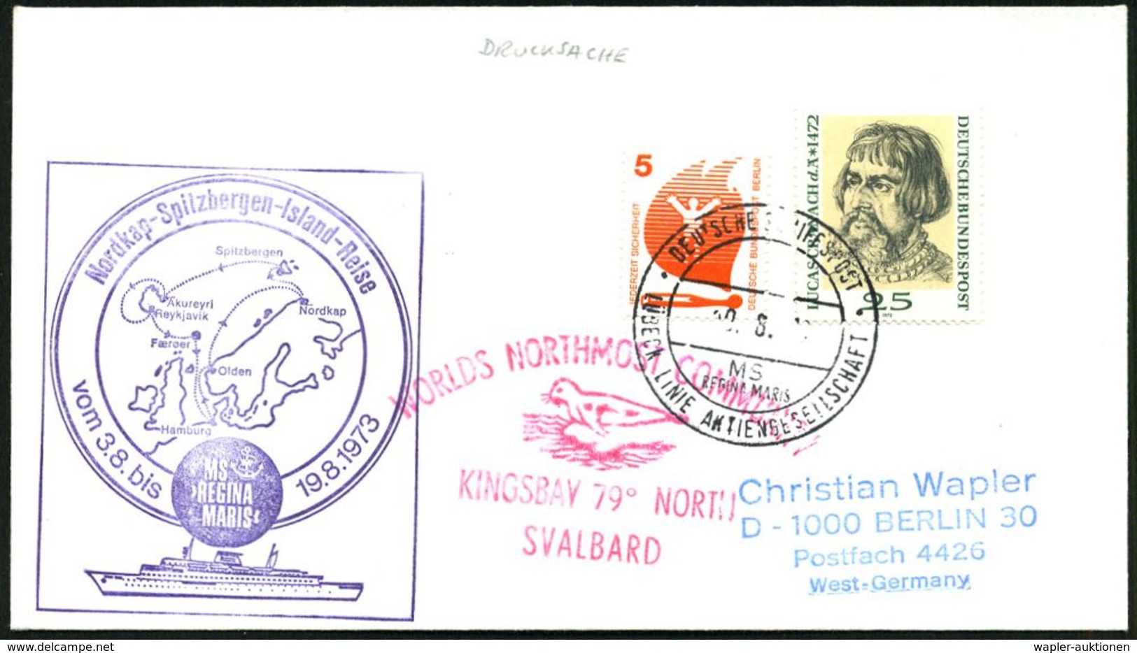 B.R.D. 1973 (10.8.) 2K-BPA: DEUTSCHE SCHIFFSPOST/MS/REGINA MARIS/LÜBECK LINIE AG + Viol. HdN: Nordkap-Spitzbergen-Island - Arktis Expeditionen