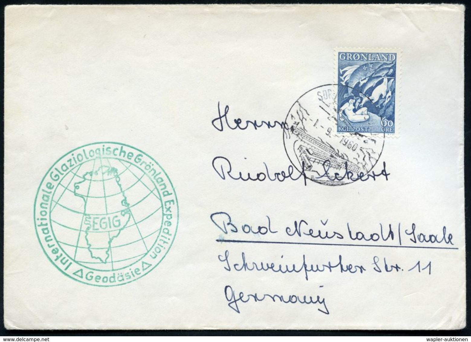 GRÖNLAND 1960 (1.9.) HWSt.: SDR. STRÖMFJORD (Gebäude) A.EF 60 Ö. "Mutter Des Meeers" (Wal-Motiv!) + Grüner HdN: Internat - Arctische Expedities