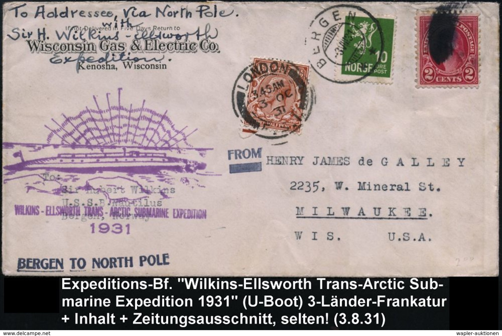 NORWEGEN /  U.S.A. /  GROSSBRITANNIEN 1931 (3.8.) Wilskins-Ellsworth Trans-Arctic U-Boot-Expedition, 3-Länder-Frnkatur N - Arktis Expeditionen