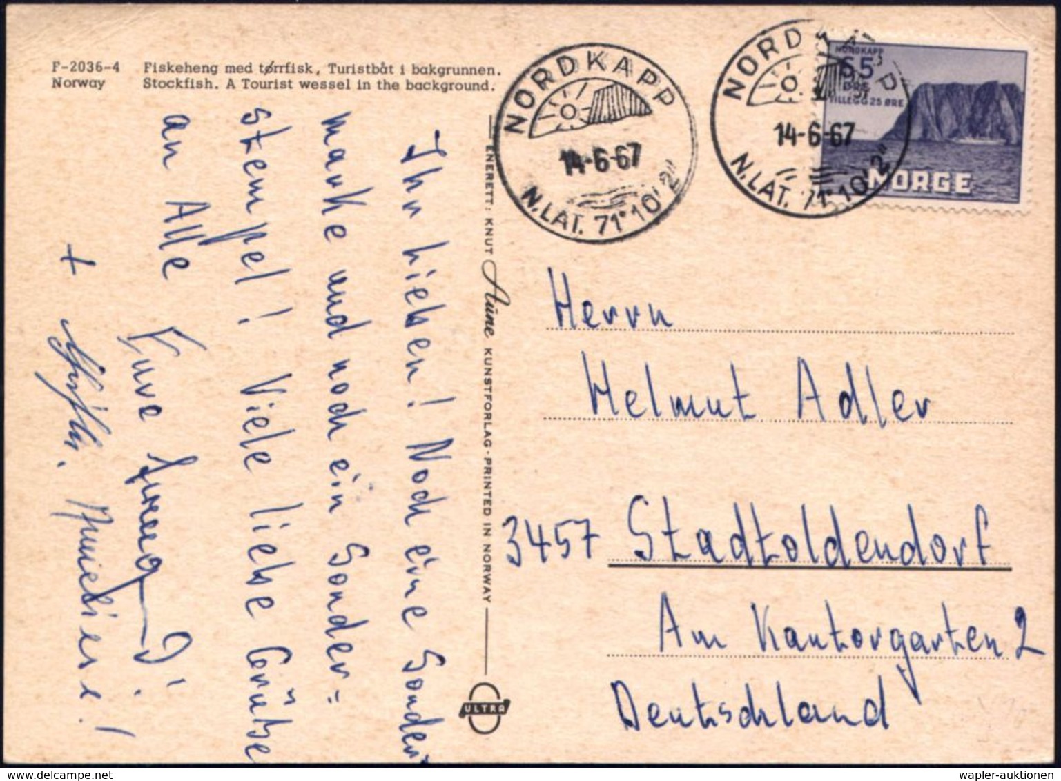 NORWEGEN 1967 (14.6.) HWSt.: NORDKAP/N.LAT. 71° 10' 2'' = Nordkap (mit Mitternachtssonne) 2x Auf Passender EF 65 Ö. Nord - Expéditions Arctiques