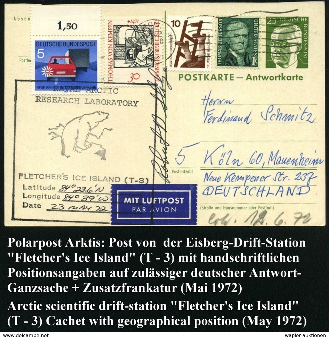 U.S.A. /  B.R.D. 1972 (23.5.) Antwort-P BRD 25 Pf. Heinemann (Mi.P 105 A, + 20.- EUR) +  Schw. HdN: NAVAL ARCTIC/ RESEAR - Arctische Expedities