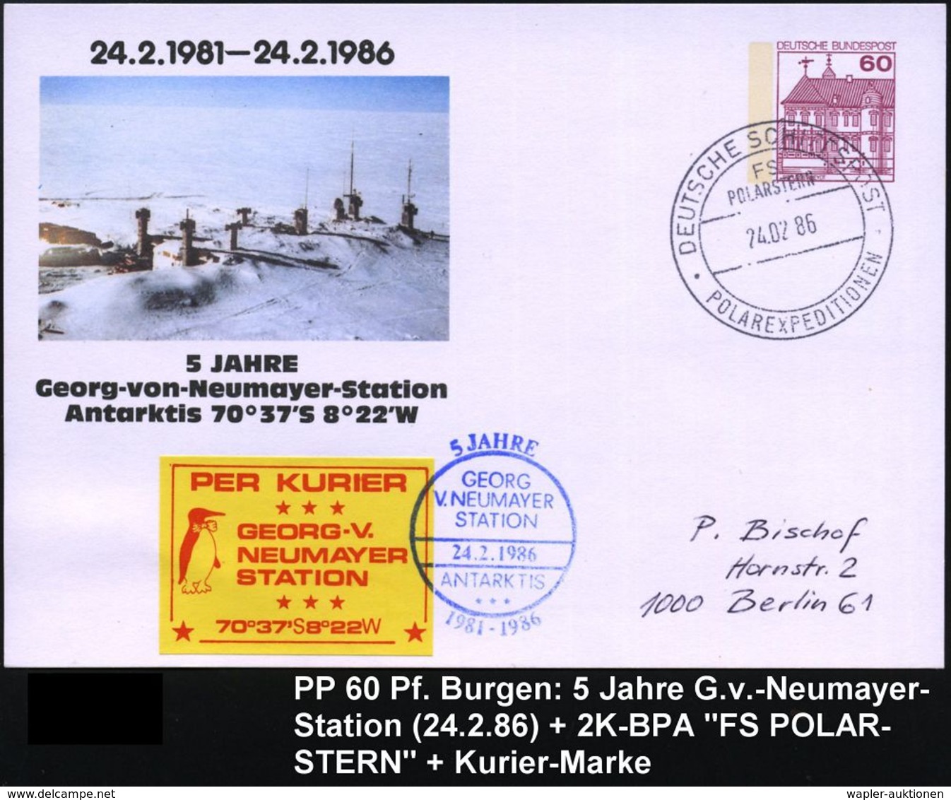 B.R.D. 1986 (24.2.) 2K-BPA: DEUTSCHE SCHIFFSPOST/FS/POLARSTERN/POLAREXPEDITIONEN Auf PP 60 Pf. Burgen: 5 JAHRE Georg-von - Expéditions Antarctiques