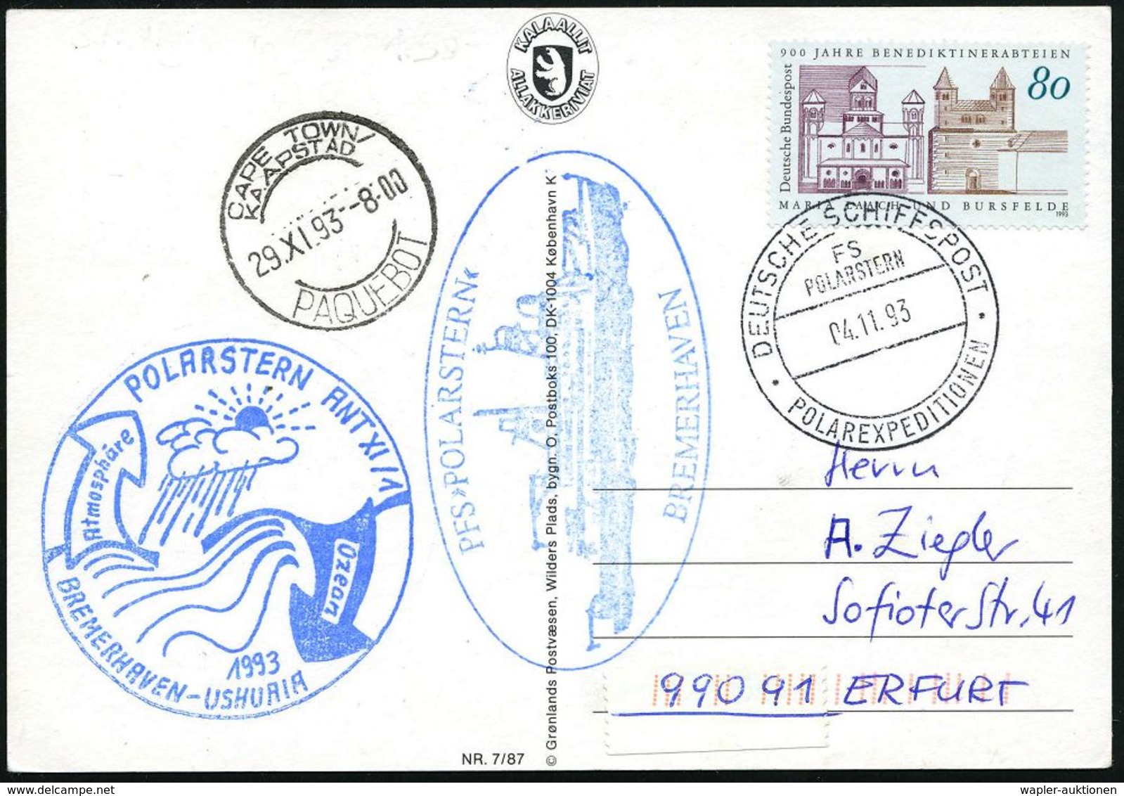 B.R.D. 1993 (4.11.) 2K-BPA: DEUTSCHE SCHIFFSPOST/FS/POLARSTERN/POLAREXPEDITIONEN + Oval-HdN: PFS "POLARSTERN" + 1K-HdN:  - Antarktis-Expeditionen