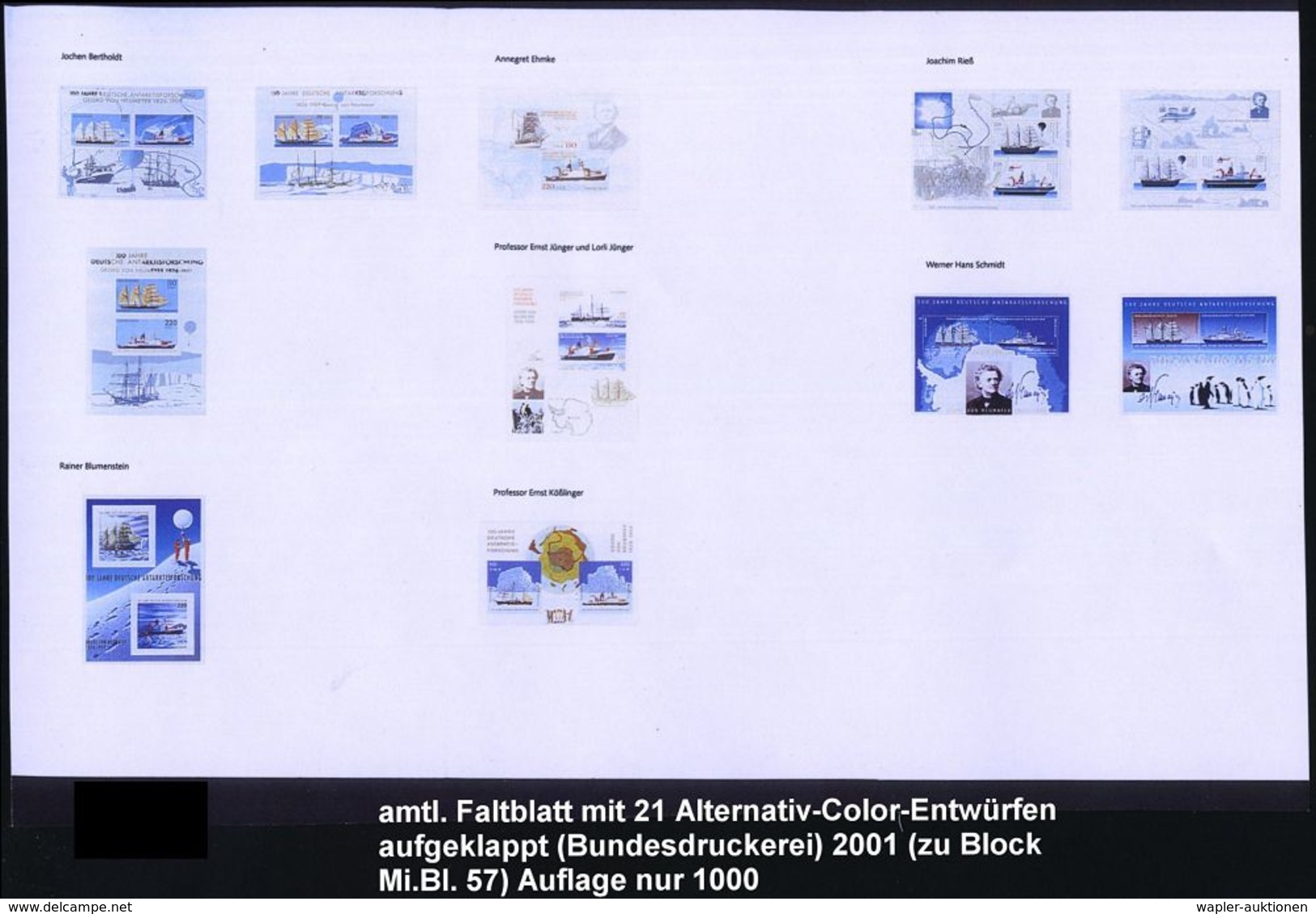 B.R.D. 2001 (Nov.) Block 110 Pf + 220 Pf. "100 Jahre Deutsche Antarktis-Forschung", Amtl. Faltblatt Der Bundesdruckerei  - Antarktis-Expeditionen