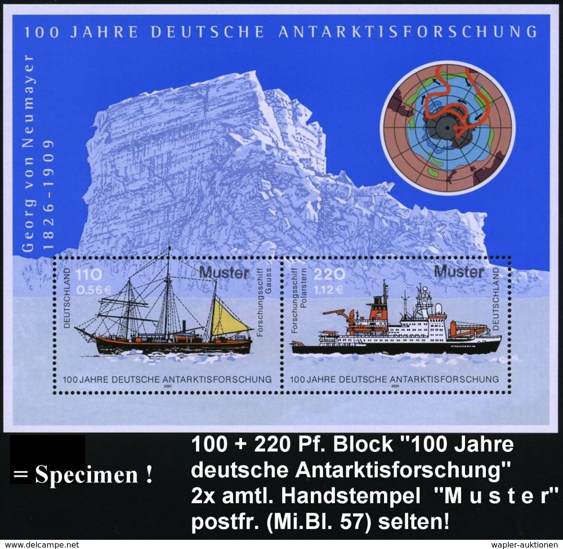 B.R.D. 2001 (Nov.) 110 Pf. + 220 Pf. "100 Jahre Deutsche Antarktisforschung", Block, Jede Marke Mit Amtl. Handstempel  " - Expéditions Antarctiques