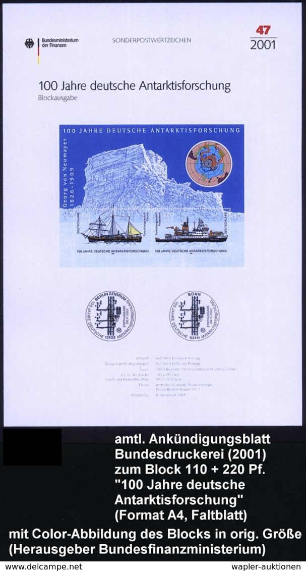 B.R.D. 2001 (Nov.) 110 Pf. + 220 Pf. "100 Jahre Deutsche Antarktisforschung", Block, Jede Marke Mit Amtl. Handstempel  " - Expéditions Antarctiques