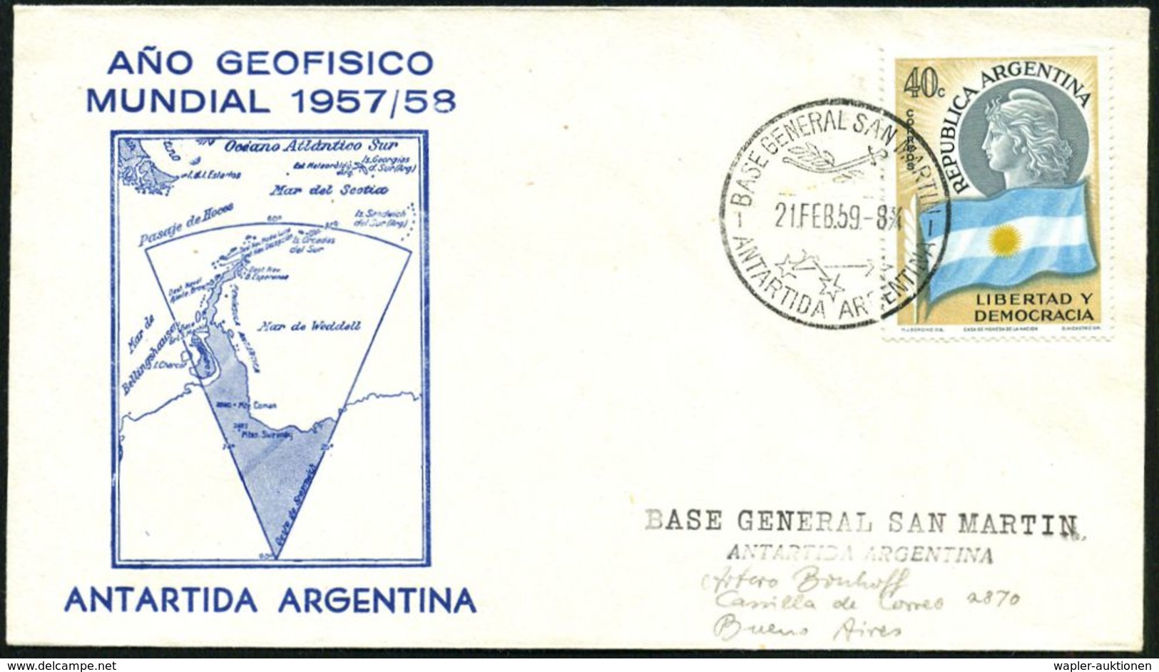 ARGENTINIEN 1959 (21.2.) 1K-HWSt.: BASE GENERAL SAN MARTIN/ ANTARTIDA.. = Marine-Antarktis-Basis (= Kreuz Des Südens Etc - Antarctische Expedities