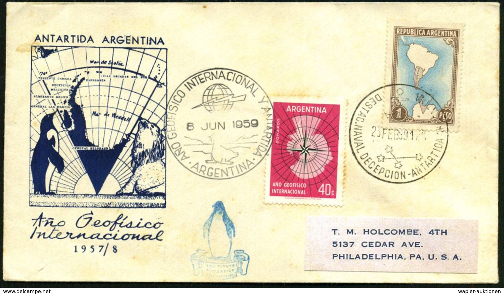 ARGENTINIEN 1959 (23.2./8.6.) 1K-HWSt.: DESTAC. NAVAL DECEPCION ANTARTIDA ARGENTINA = Antarktis-Marine-Basis (= Kreuz De - Expéditions Antarctiques