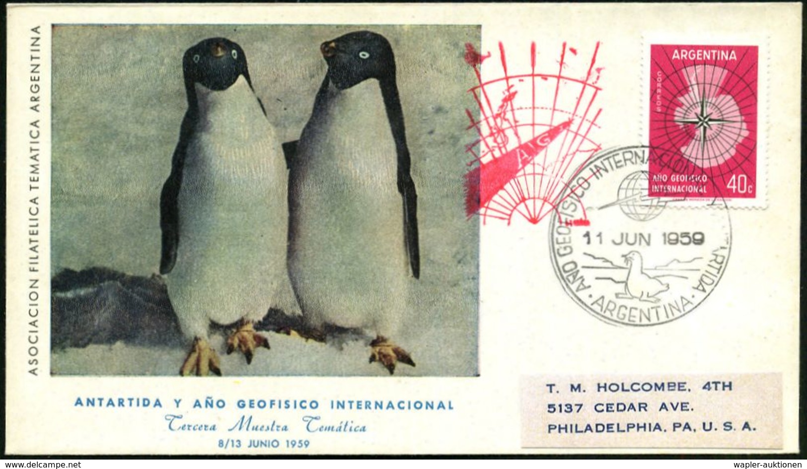 ARGENTINIEN 1959 (11.6.) SSt.: ARGENTINA/ANO GEOFISICO INTERNACIONAL Y ANTARTIDA (Robbe, Logo Int. Geophysikal. Jahr = G - Antarktis-Expeditionen
