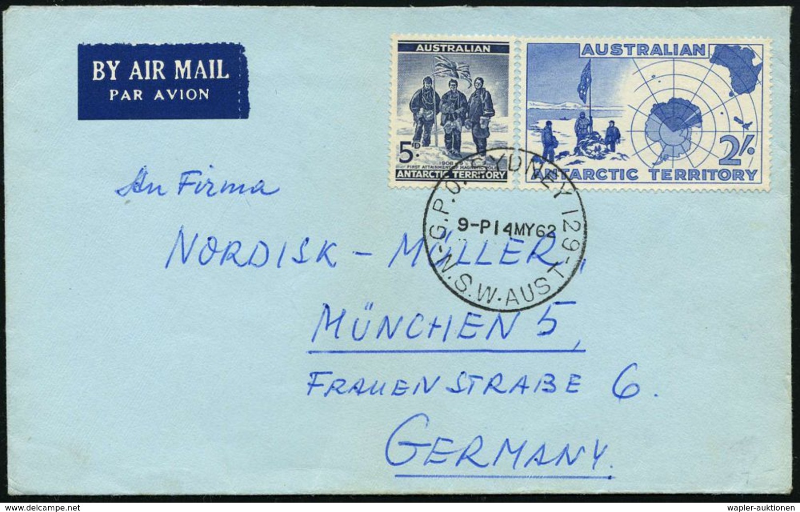 AUSTRAL.ANTARKTIS 1962 (4.5.) 5 P. U. 2 Sh. Antarktis-Expeditionen (1K: G.P.O. SIDNEY) Bedarfs- Übersee-Flp.-Bf.  (Mi.1, - Expéditions Antarctiques