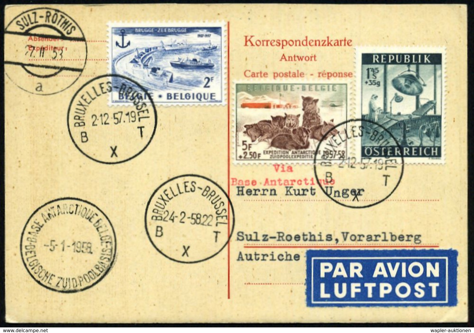 BELGIEN /  ÖSTERREICH 1957/58 5 + 2,50 F. Belg. Antarktis-Expedition (Huskies) U.a., 1K: BRUXELLES - BRUSSEL/B X T + Öst - Antarctische Expedities