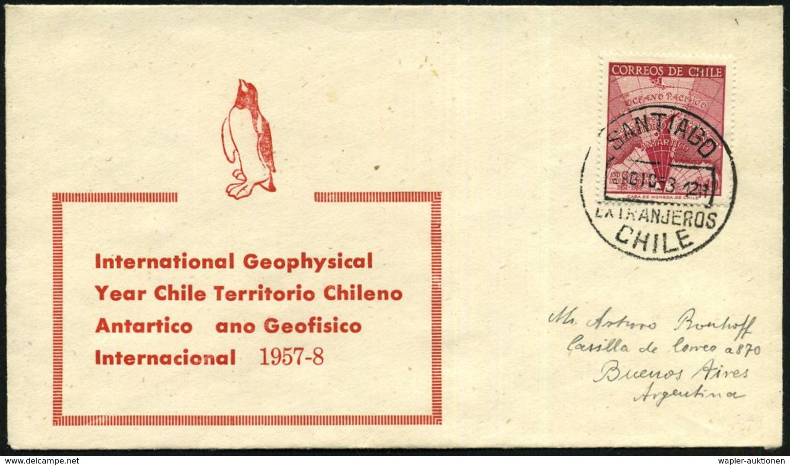 CHILE 1958 (29.12.) 40 P. "Internat. Geophysikalisches Jahr", EF + 1K: SANTIAGO , Klar Gest. Inl.-SU.: Internat. Geophys - Antarctische Expedities